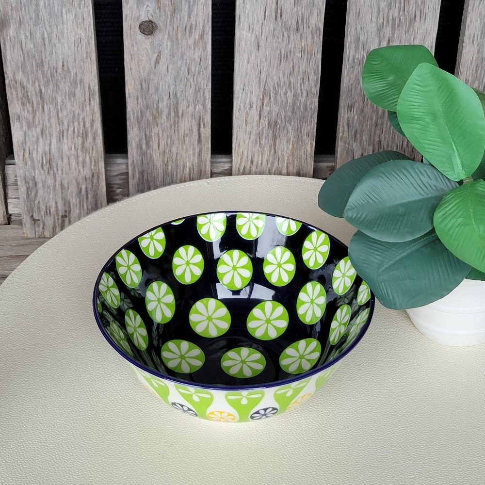 Cerified International Geometric Patterned Ceramic Bowl Green Navy Yellow - Picture 2 of 7